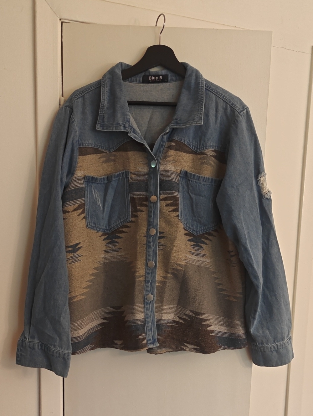 Unisex Denim & Aztec Panel Jacket in Light Blue